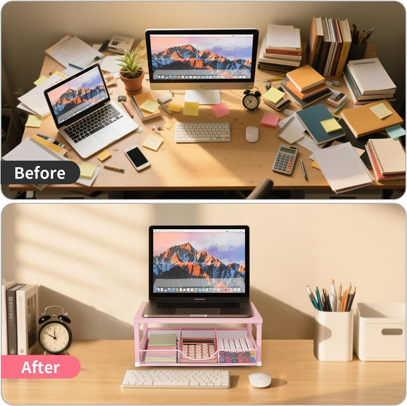 Gugsey Small Pink Laptop Stand for Desk, Monitor Stand, Office Desk Accessories, Computer Desktop Stand with Drawer for Home, Office, School (Pink) - Image 5